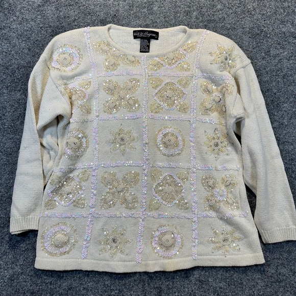 Work in Progress by Gladys Bagley Sweaters - Work in Progress Sweater Women Medium Cream Sequin Beaded Vintage Glam Party